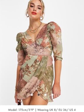 ASOS DESIGN wrap skirt mini dress with ruched bust and puff sleeves size 6